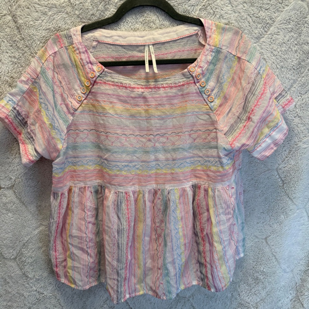 Anthropologie Cottagecore Embroidered Pastel Boho Cotton Babydoll Peplum Top S